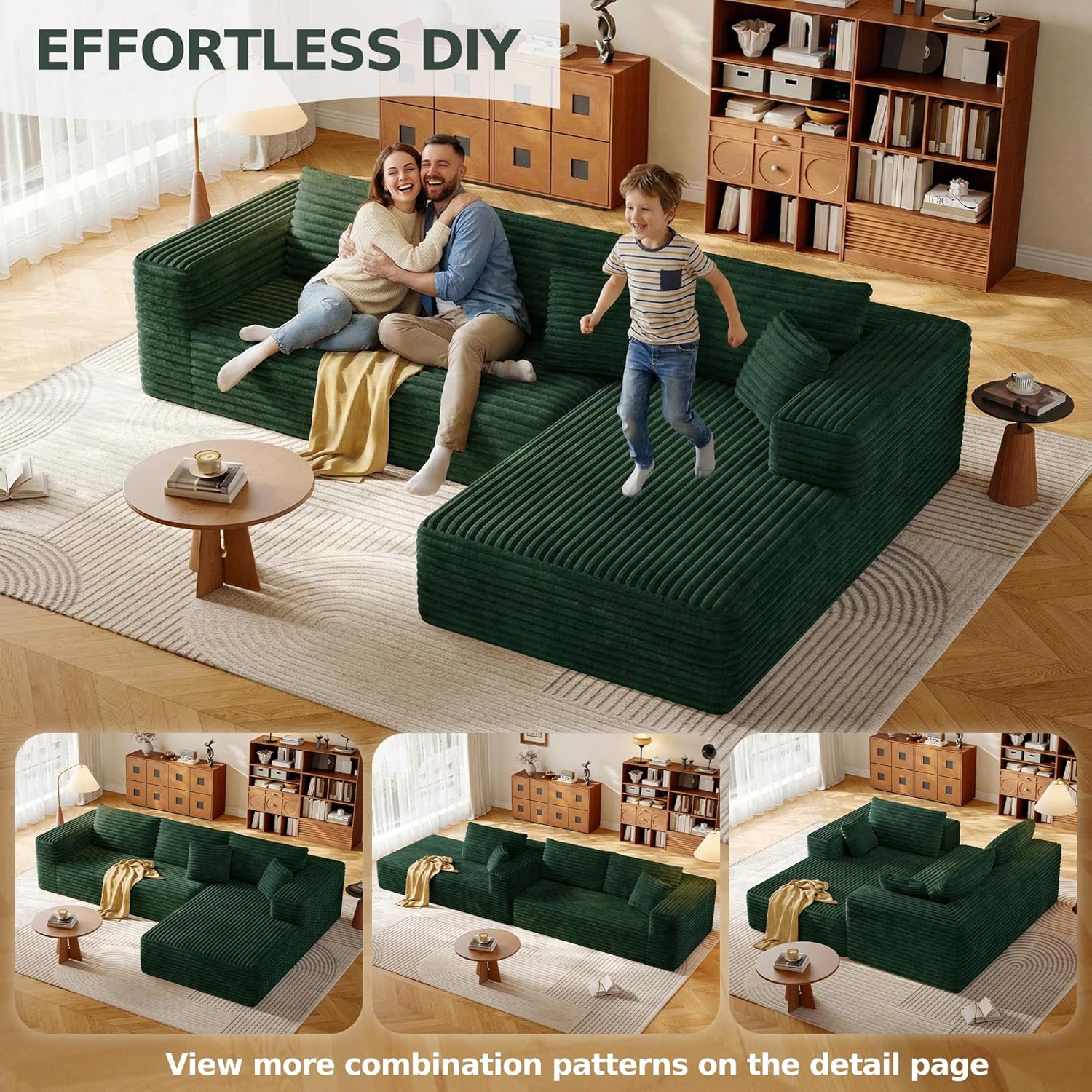108.2" Modular Sectional Sofa with Deep Seat, Boneless L Shaped Corduroy Couch Modern Comfort, Cloud Couch Oversized for Living Room No Assembly (Right Facing Chaise,Green)