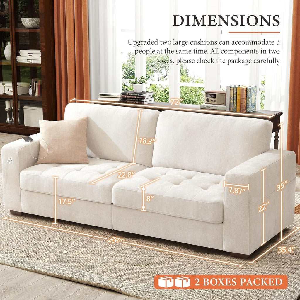 Ihanherry 89" Modern Sofa Cloud Couch, Chenille Deep Seat Sofa with Removable Cover for Living Room, Bedroom and Apartment, Beige