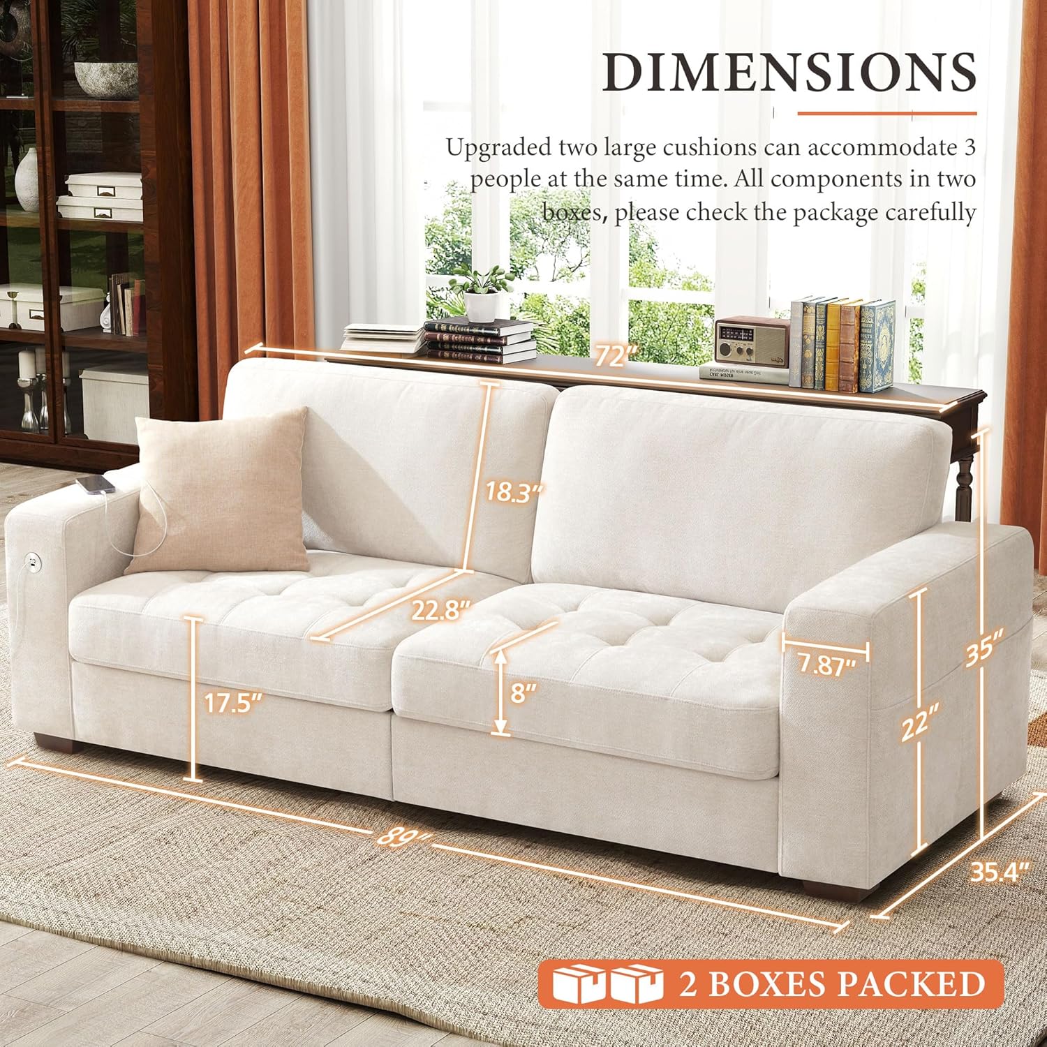 Ihanherry 89" Modern Sofa Cloud Couch, Chenille Deep Seat Sofa with Removable Cover for Living Room, Bedroom and Apartment, Beige