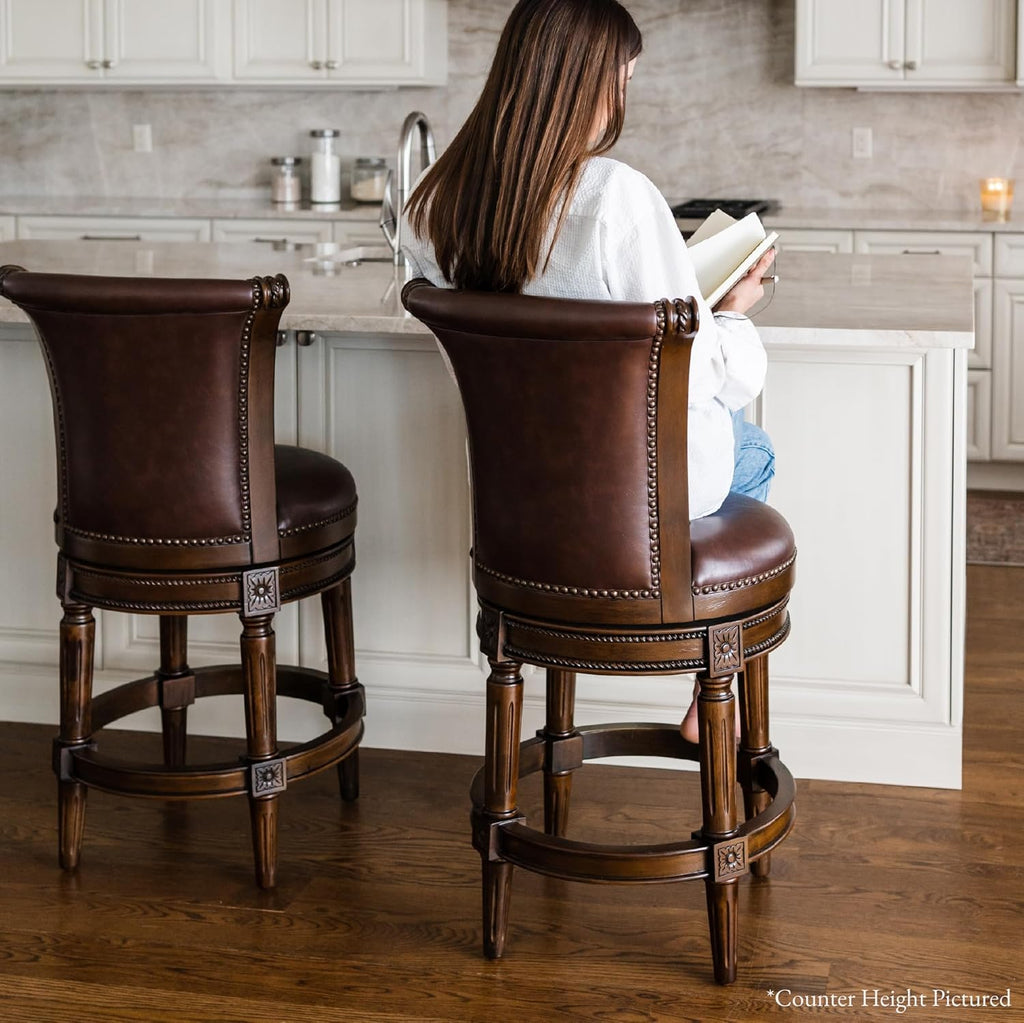 Maven Lane Pullman Bar Stool 31 Inches – Set of 4 – Swivel Stools with Footrest – Dark Brown Solid Wood Frame & Brown Faux Leather Upholstery – Perfect for Bars, Pub Tables & Tall Kitchen Counters