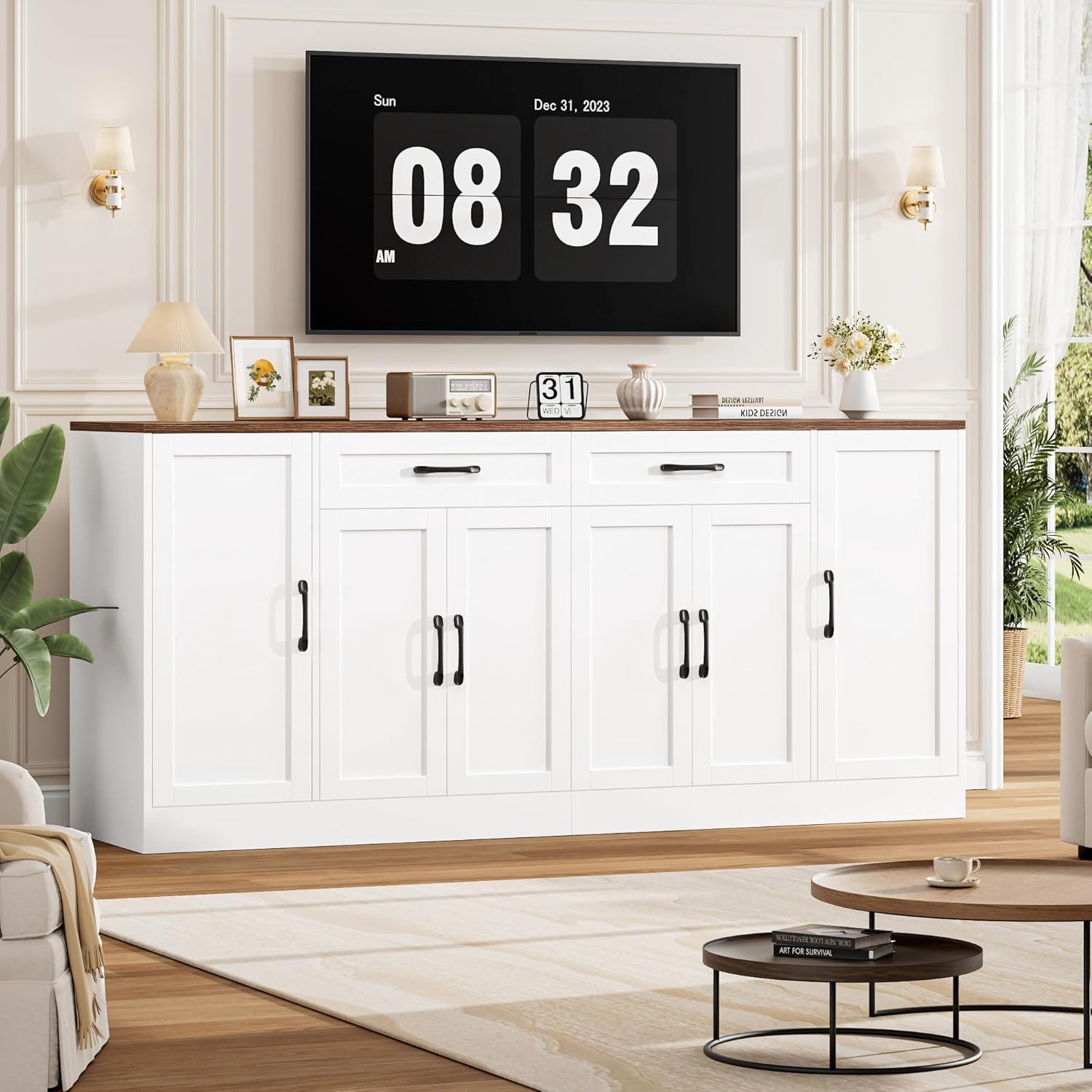 71” Large Buffet Cabinet with Storage, Sideboard Buffet Cabinet with Adjustable Shelves and 6 Soft-Close Doors, Wood Coffee Bar Console Table for Kitchen, Dining Room, White
