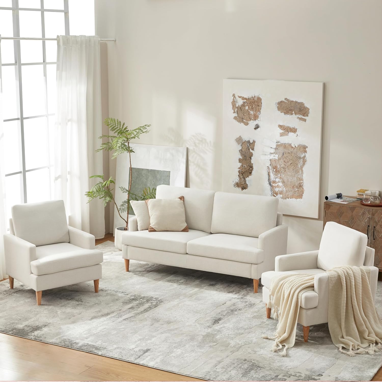 VKNOW Mid-Century Accent Chairs Set of 2, No Tools Assembly Required, Modern Upholstered Polyester Armchairs for Living Room & Bedroom, Comfortable Reading Chairs with Wood Legs, Beige