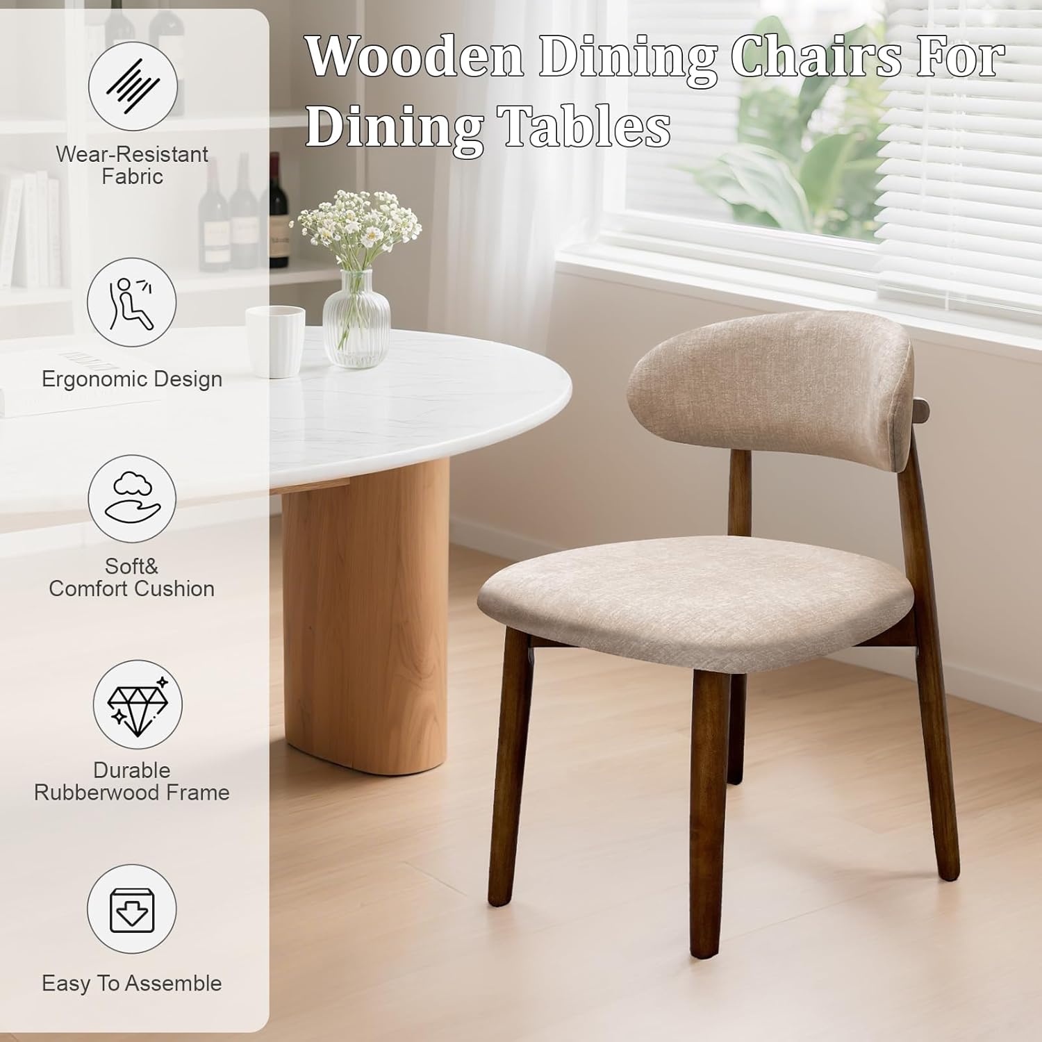 Farmhouse Dining Chairs Set of 4, Mid Century Modern Fabric Upholstered Kitchen Chairs, Wooden Dining Room Chair with Curved Back for Kitchen Dining Room Restaurant Cafe, Light Camel (Only Chairs)