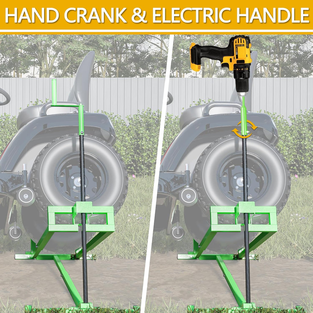 Ride-On Lawn Mower Jack Lift - Telescopic Maintenance Jack for Garden Tractors and Riding Lawn Mowers, 880 lbs Weight Capacity, Manual and Power Tool Handles Included