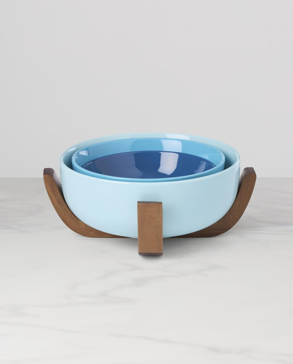 Oneida Serveware, 24 Seven Colors 3-Piece Nesting Bowl Set With Wood Stand, Porcelain Material Wooden Stand, Dishwasher And Microwave Safe, Serving Bowls, Salad Bowl, Pasta Bowls (Turquoise, 4 Pieces)