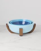 Oneida Serveware, 24 Seven Colors 3-Piece Nesting Bowl Set With Wood Stand, Porcelain Material Wooden Stand, Dishwasher And Microwave Safe, Serving Bowls, Salad Bowl, Pasta Bowls (Turquoise, 4 Pieces)