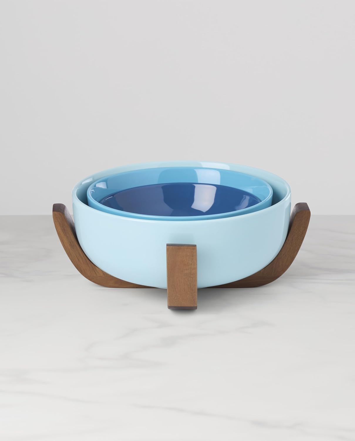 Oneida Serveware, 24 Seven Colors 3-Piece Nesting Bowl Set With Wood Stand, Porcelain Material Wooden Stand, Dishwasher And Microwave Safe, Serving Bowls, Salad Bowl, Pasta Bowls (Turquoise, 4 Pieces)