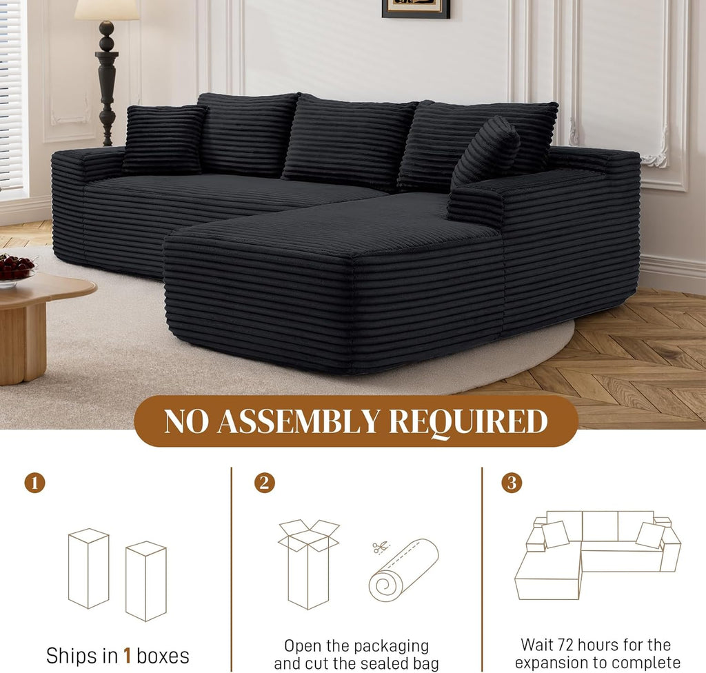95" Boneless Cloud Sectional Couches for Living Room, Comfy Fluffy L Shaped Deep Seat Memory Foam Boneless Couch, Modular Sectional Sofas with Right Facing Chaise, Black