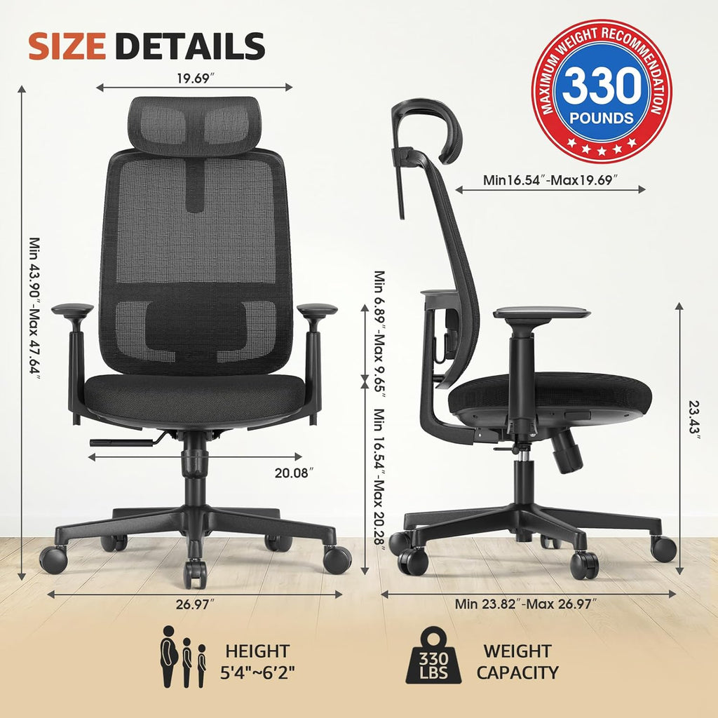 ErgoSift M1 Ergonomic Office Chair Mesh Chair, Home Office Desk Chairs with Adjustable Lumbar Support, Comfortable Computer Gaming Chair, Office Chair for Long Hours (Black)