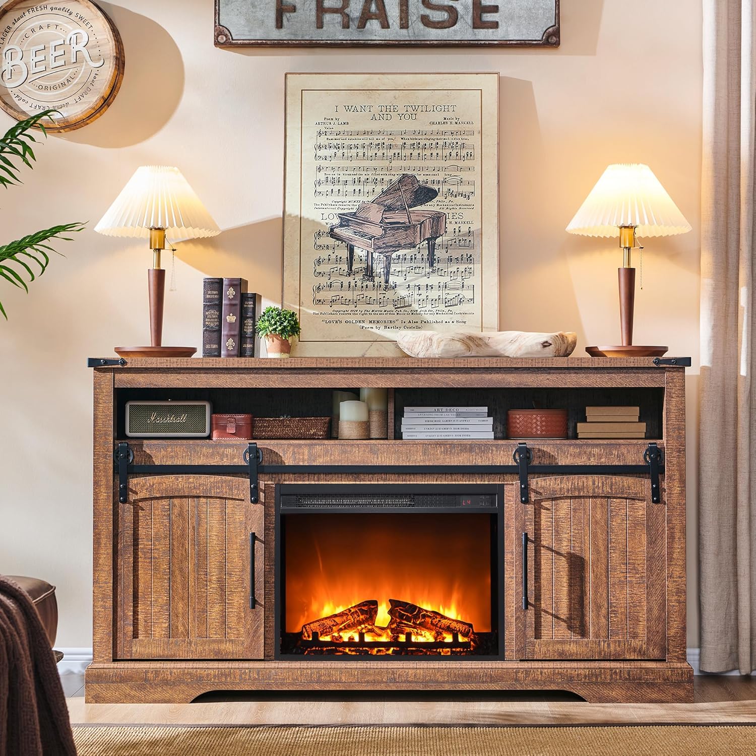 OKD Farmhouse Fireplace TV Stand for 70 Inch TV, 34" Tall Highboy Entertainment Center with 23" Electric Fireplace, Rustic Media Console w/Sliding Arched Door for Living Room,Reclaimed Barnwood