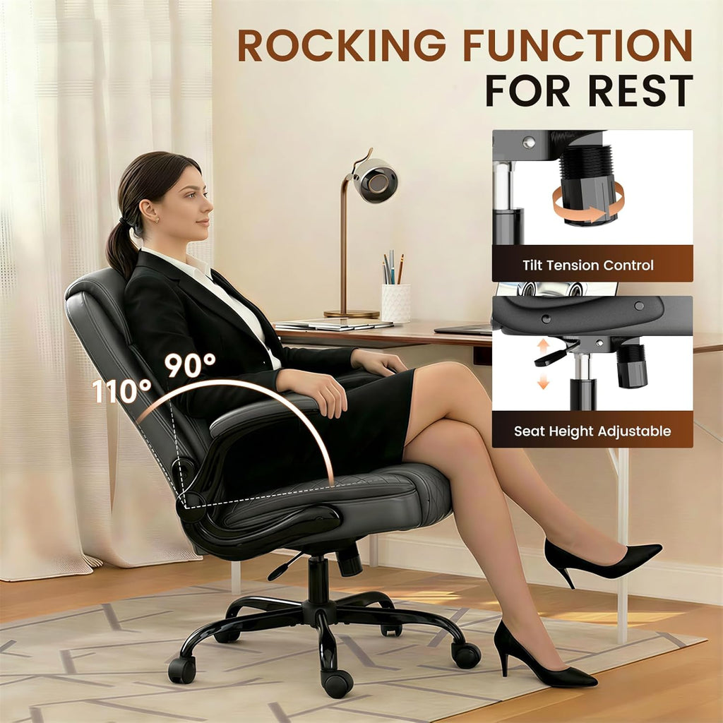 GTPLAYER Leather Office Chair, Home Desk Chair with Flip-up Arms and Ergonomic Back - Comfy Heavy Duty Executive Chair for Home Office Gaming, Gray