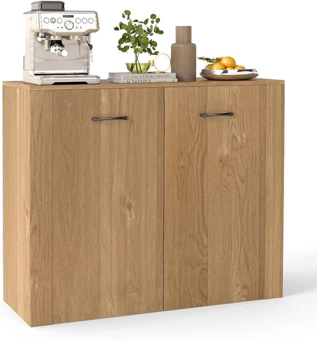 Giantex Modern Storage Cabinet, 38" Credenza with 2 Doors and 4 Cubic Shelves, Anti-Tipping Device, Sturdy Metal Hings, Wooden Sideboard Cabinet for Living Room, Kitchen, Entryway, Natural