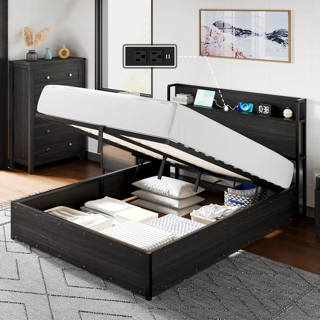 AMERLIFE Queen Size Lift Up Storage Bed Frame, Wooden Platform Bed Frame with Lifting Storage & Charging Station, No Spring Box Needed/Noise Free, Black
