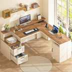 63" Farmhouse L Shaped Executive Desk with Drawers & Storage Shelf, Corner Computer Desk with Power Outlets, L Shaped Office Desk with Monitor Stand, Printer Shelf, Antique White
