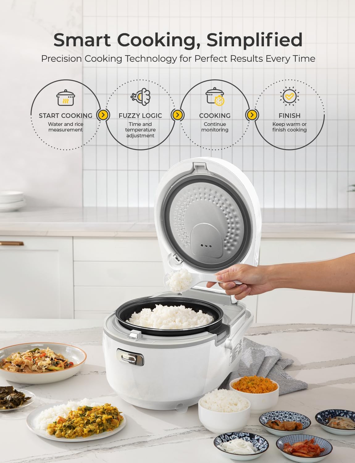 CUCKOO Micom Rice Cooker 8-Cup Uncooked / 16-Cup Cooked with Nonstick Inner Pot, Large Rice Maker with 9 Menu Options, Fuzzy Logic Technology, Auto Clean Mode, LCD Display, White (CR-0810F)