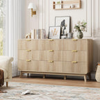 QUW Fluted 59.1" Wide Modern Dresser for Bedroom with 9 Drawers, Tall Chest of Drawers with Metal Handle, Wooden Dresser TV Stand, Hallway, Living Room, Natural Oak