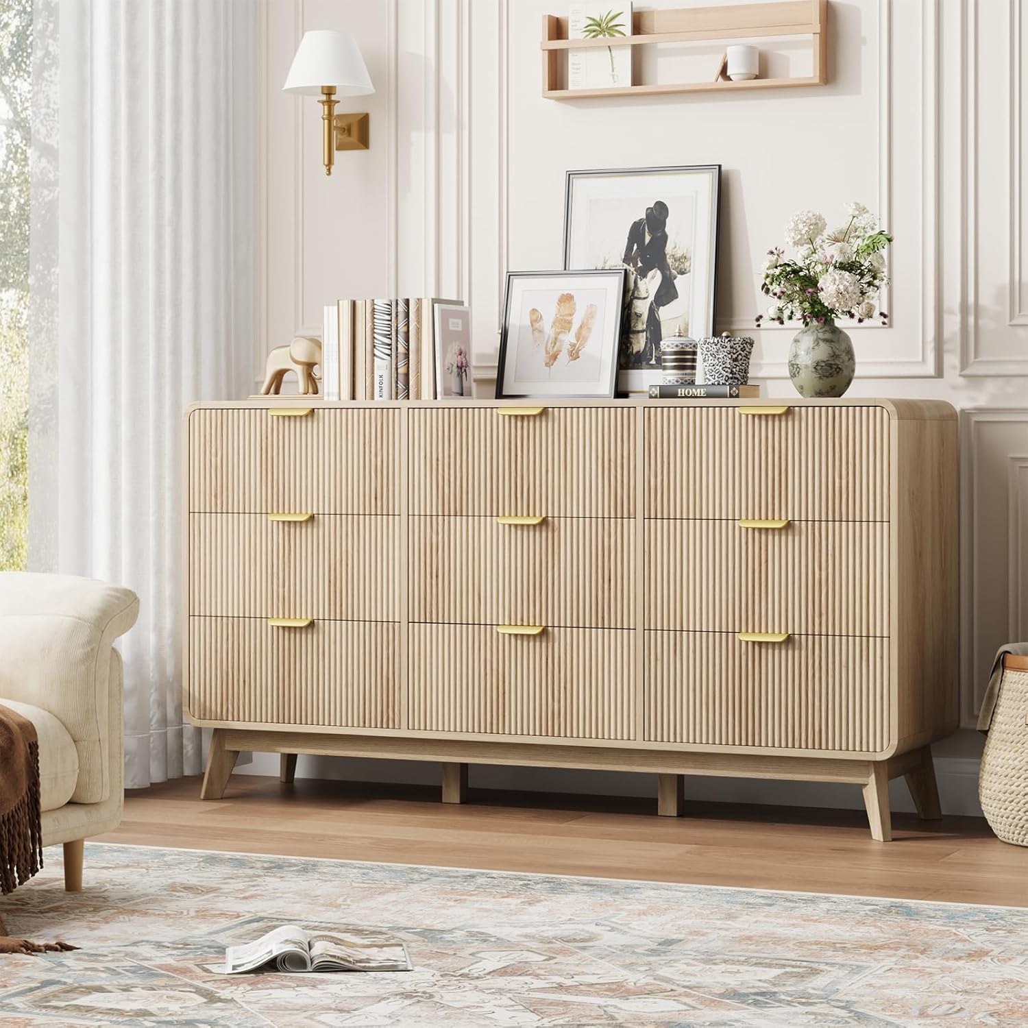 QUW Fluted 59.1" Wide Modern Dresser for Bedroom with 9 Drawers, Tall Chest of Drawers with Metal Handle, Wooden Dresser TV Stand, Hallway, Living Room, Natural Oak