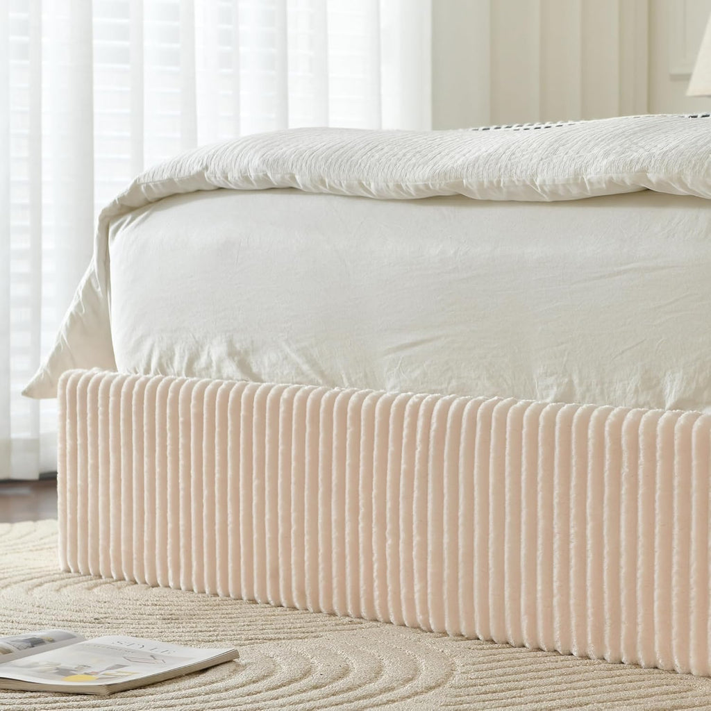 YUHUASHI Queen Size Storage Bed Frame, Vertical Striped headboard with Delicate Velvet Fabric, Hydraulic Lift for Storage, no Box Spring Needed, no Noise (Beige, Queen (U.S. Standard))