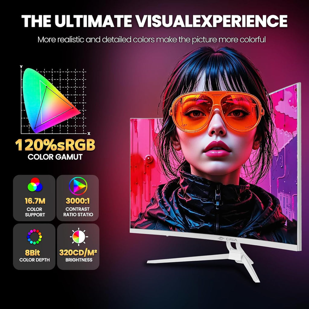 CRUA 32" Curved Gaming Monitor  144Hz/160Hz 4K UHD(3840 * 2160P) 1500R VA Screen  Supports AMD Freesync  120% sRGB  Built-in Speakers  RGB Lighting  Wall Mountable Installs(HDMI 2.1/DP 1.4)-White
