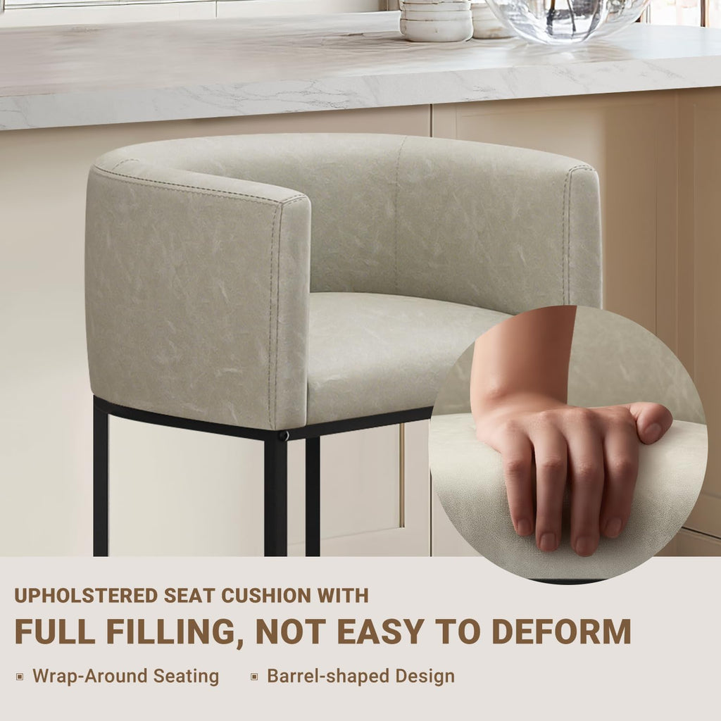 26" H Counter Height Bar Stools Set of 4, Modern Barrel Counter Stools with Backrest and Arms, Faux Leather Upholstered Accent Barstools for Kitchen Island,Support 450 LBS (Grayish White)