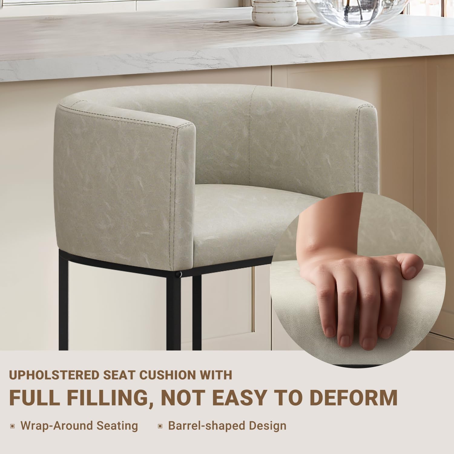26" H Counter Height Bar Stools Set of 4, Modern Barrel Counter Stools with Backrest and Arms, Faux Leather Upholstered Accent Barstools for Kitchen Island,Support 450 LBS (Grayish White)
