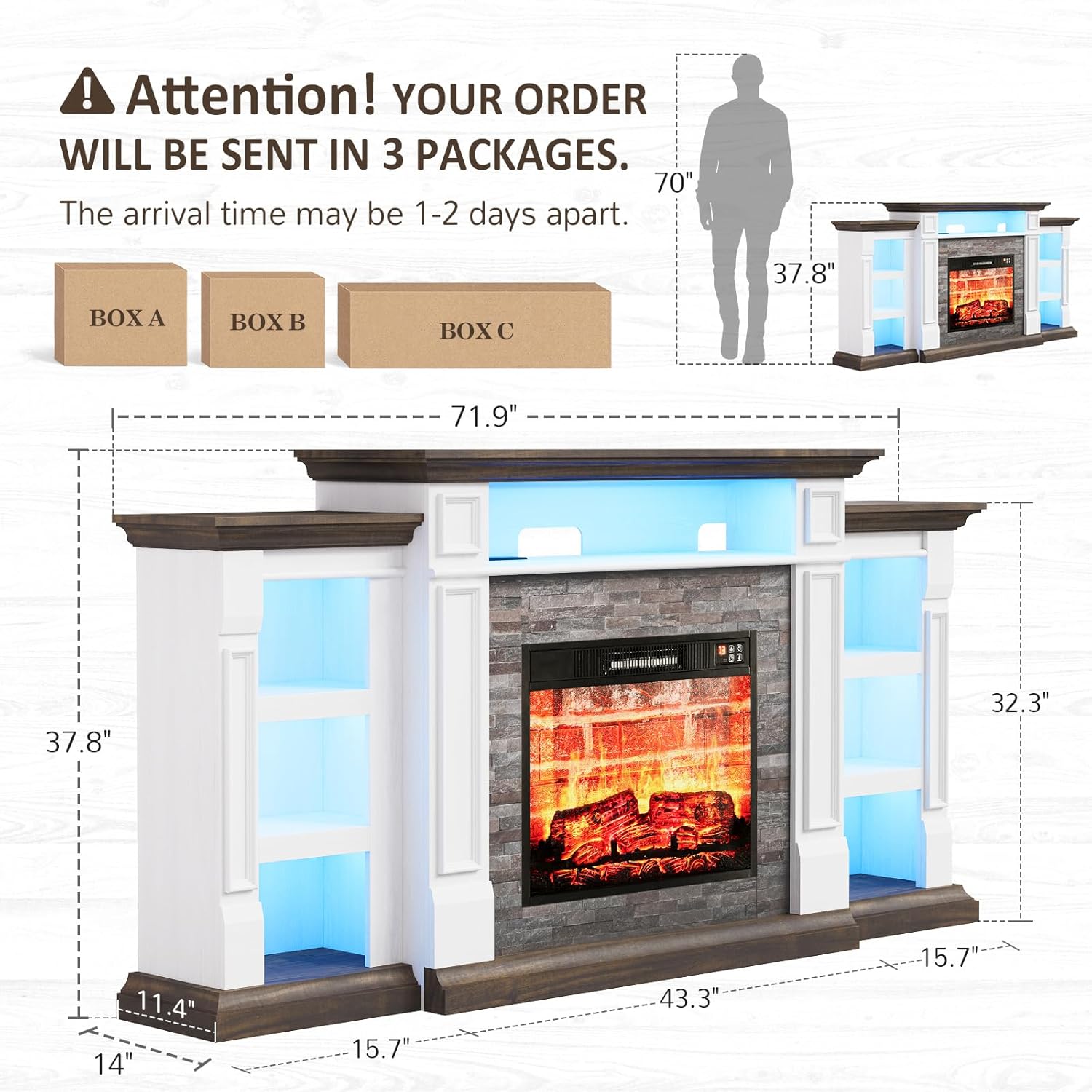 Naice 72" Electric Fireplace with Mantel and Cabinets, Fireplace TV Stand for TVs up to 80", LED Light & Power Outlet, 23in Insert Heater w/Realistic Red Brick Flame for Living Room Bedroom,Brown