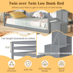 KOMFOTT Wood Twin Over Twin Low Bunk Bed with Storage Staircase, Wooden Bunk Bed Frame with Full-Length Guardrails, Low Profile Kids Bed with Slats Support, No Box Spring Needed (Grey)
