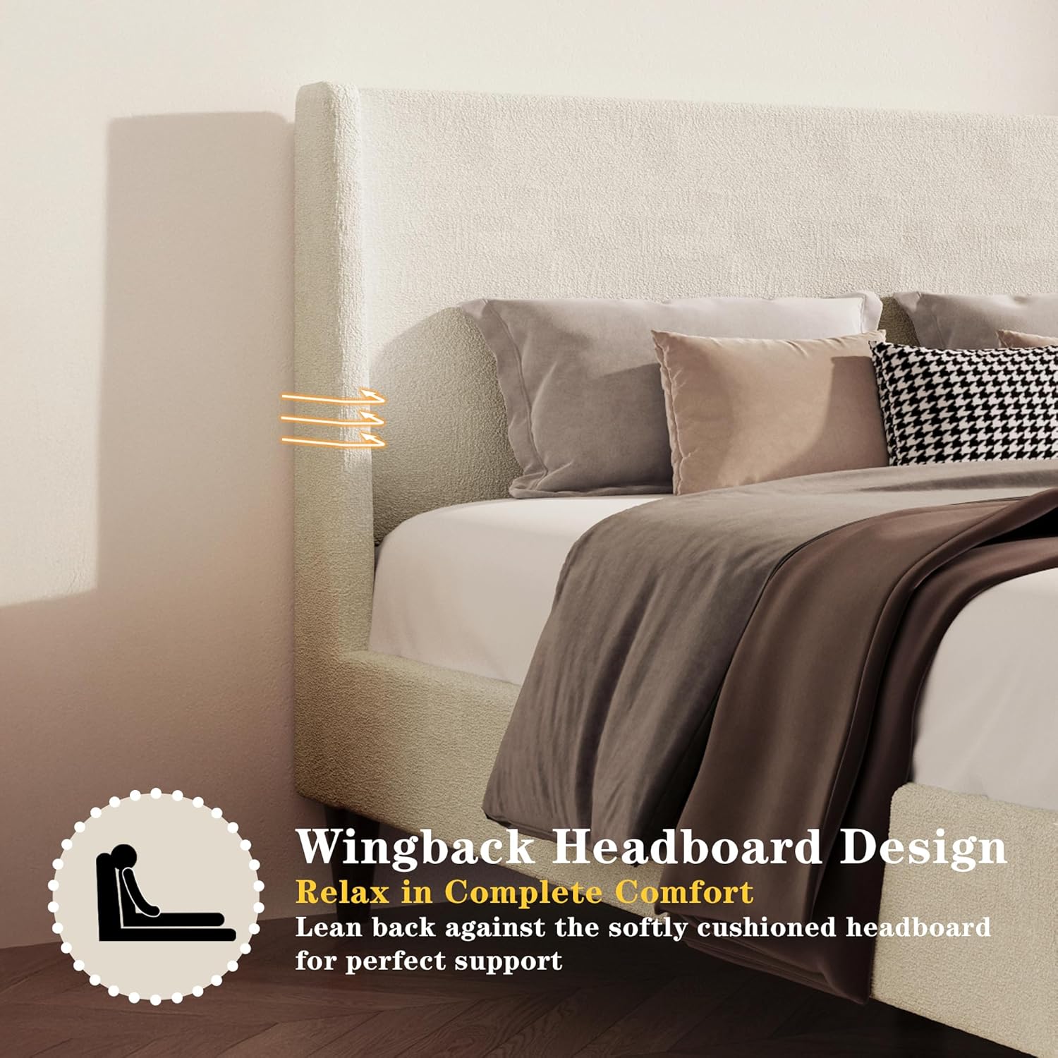Upholstered Bed Frame King Size, 43" Tall Headboard Wingback Upholstered Platform Beds Bedframe for Kids Teens Adults Bedroom Strong Wood Slats Support No Box Spring Needed, Ivory Boucle