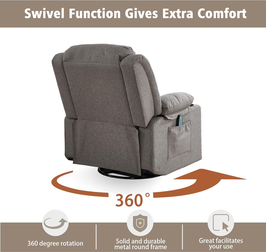 Rocker Swivel Recliner Chair for Adults, Overstuffed Large Manual Recliner Glider with Massage and Heat, Comfy Soft Fabric Living Room Reclining Sofa Chair (Smoked Gray)