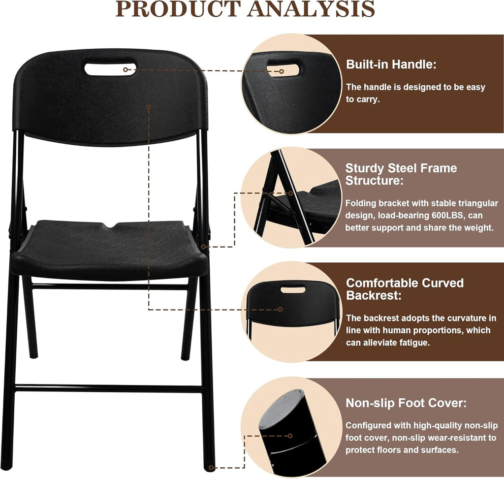8 Pack Folding Chair, 600 lb Weight Capacity,Indoor/Outdoor Heavy Duty Foldable Chairs for Restaurants, Kitchens, Picnics, Races, Parties & Weddings. (8, Black)