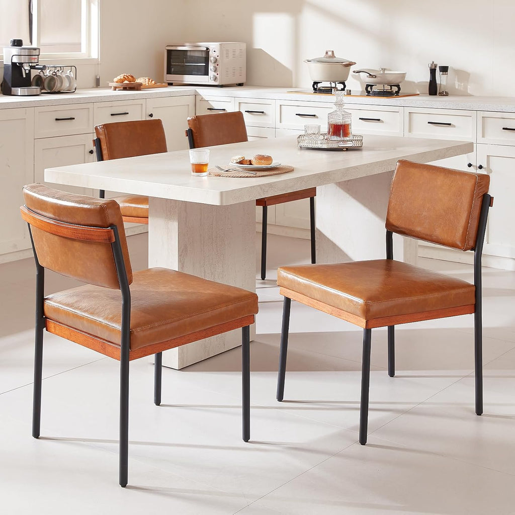 Modern Dining Chairs Set of 4, Kitchen Chairs with Thick Cushions and Adjustable Foot Pads, Upholstered Faux Leather Dining Room Chairs with Sturdy Metal Legs,Brown