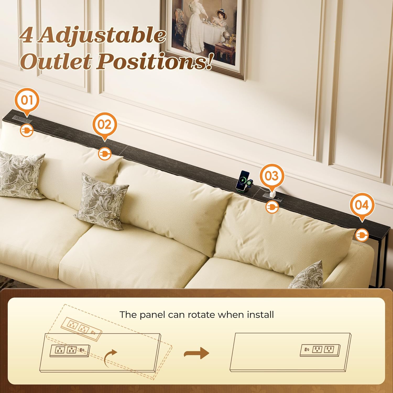 SUPERJARE 110.2 Inch Sofa Table with 2 Power Outlets and USB-C Port, 5.9 Inch Narrow Console Table with Storage, Extra-Long, for Entryway Hallway Couch Behind Sofa, Small Spaces, Black