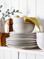 LE TAUCI Plates and Bowls Sets for 4, 12 Piece Ceramic Dinnerware Sets, Modern Stoneware Kitchen Dish Set, Chip Resistant, Microwave & Dishwasher Safe, Embossed, Arctic White