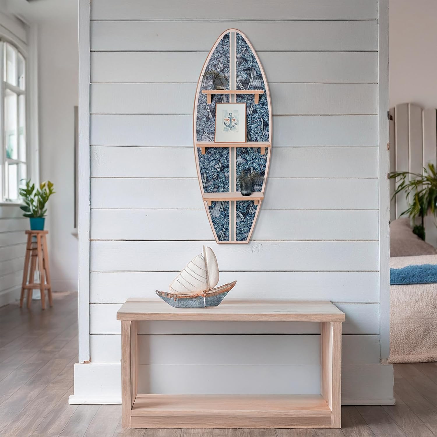 American Art Decor Kona Coast by Reyn Spooner Electric Palms - Navy Surfboard Printed Wall Shelf - 13" x 35"