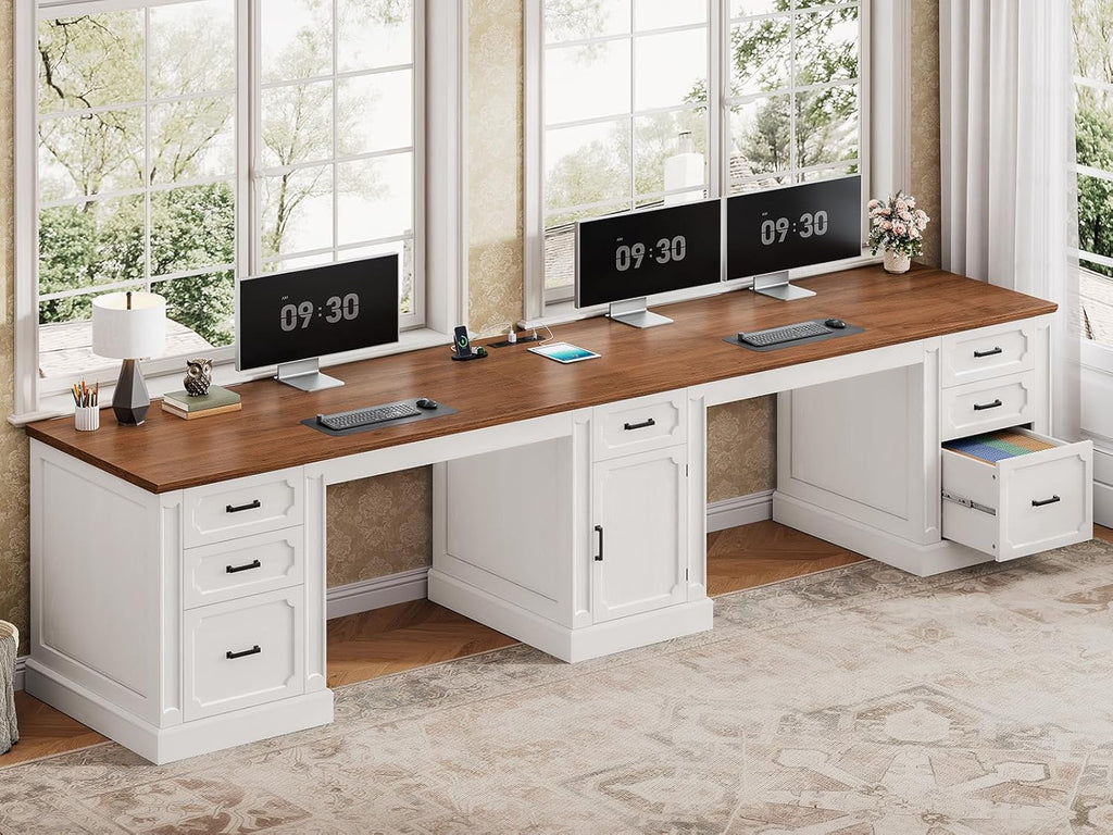 SEDETA Farmhouse 110.3" Two Person Desk with 7 Drawers, Long Computer Desk with Storage Cabinet, 2 Person Desk with Power Outlets for Home Office, White