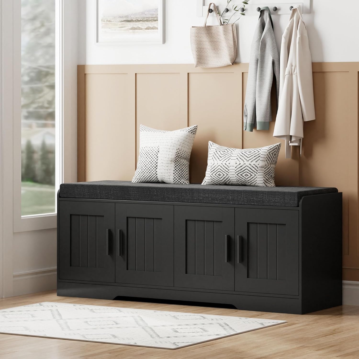 Homleke 2-Tier Storage Bench, Shoe Bench with Thickened Padded Seat Cushion, Entryway Bench with 4 Doors, Adjustable Shelf, 13.8" D x 45.3" W x 18.5" H, for Entryway, Living Room, Bedroom, Black