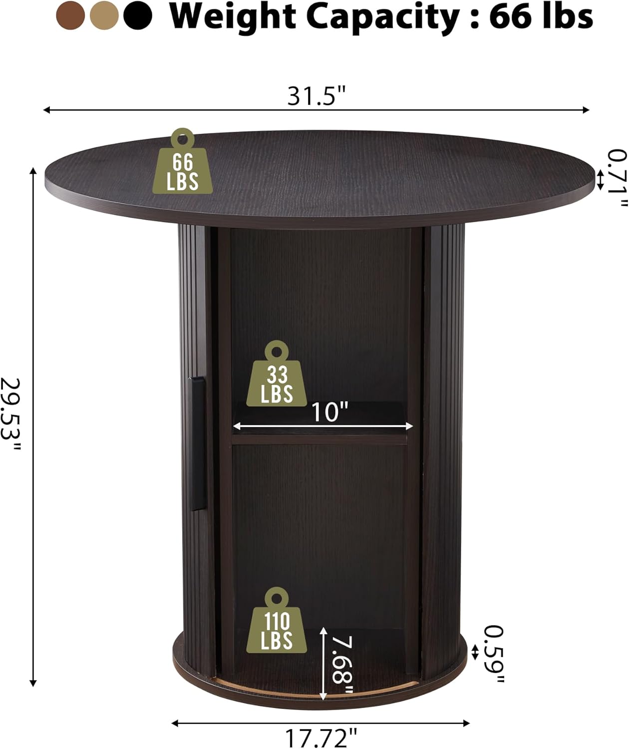 31.5" Round Dining Table for 2-4, Modern Kitchen Table with 2-Tier Storage Shelf, Small Wooden Circle Dining Tables with Fluted Base for Home Dining Room Living Room (Blackened Brown)