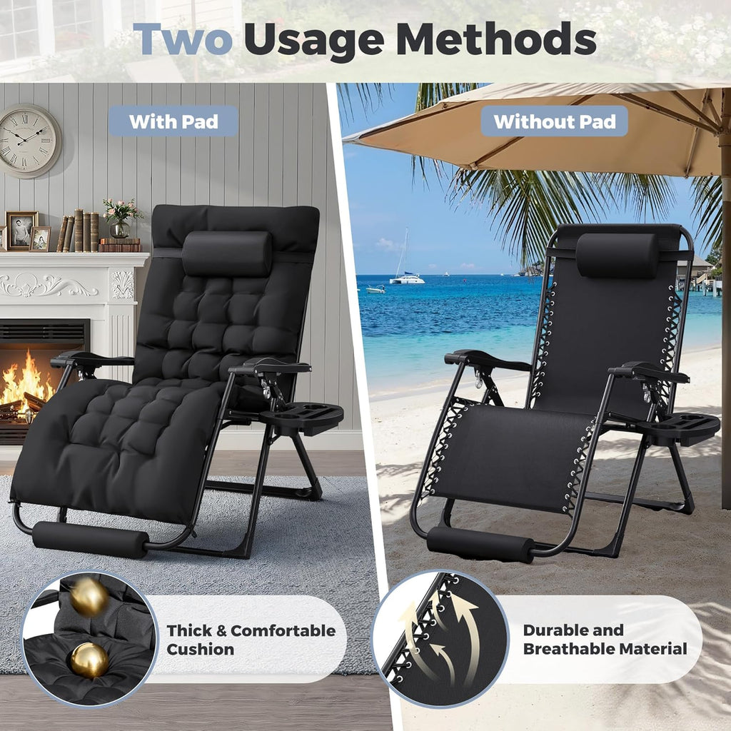 Homall Oversized Zero Gravity Chair, 32In Recliner Lounge Chair with Removable Soft Cushion and Cup Holder, Adjustable Anti Gravity Chair Folding Patio Chairs Padded for Indoor and Outdoor (Black)