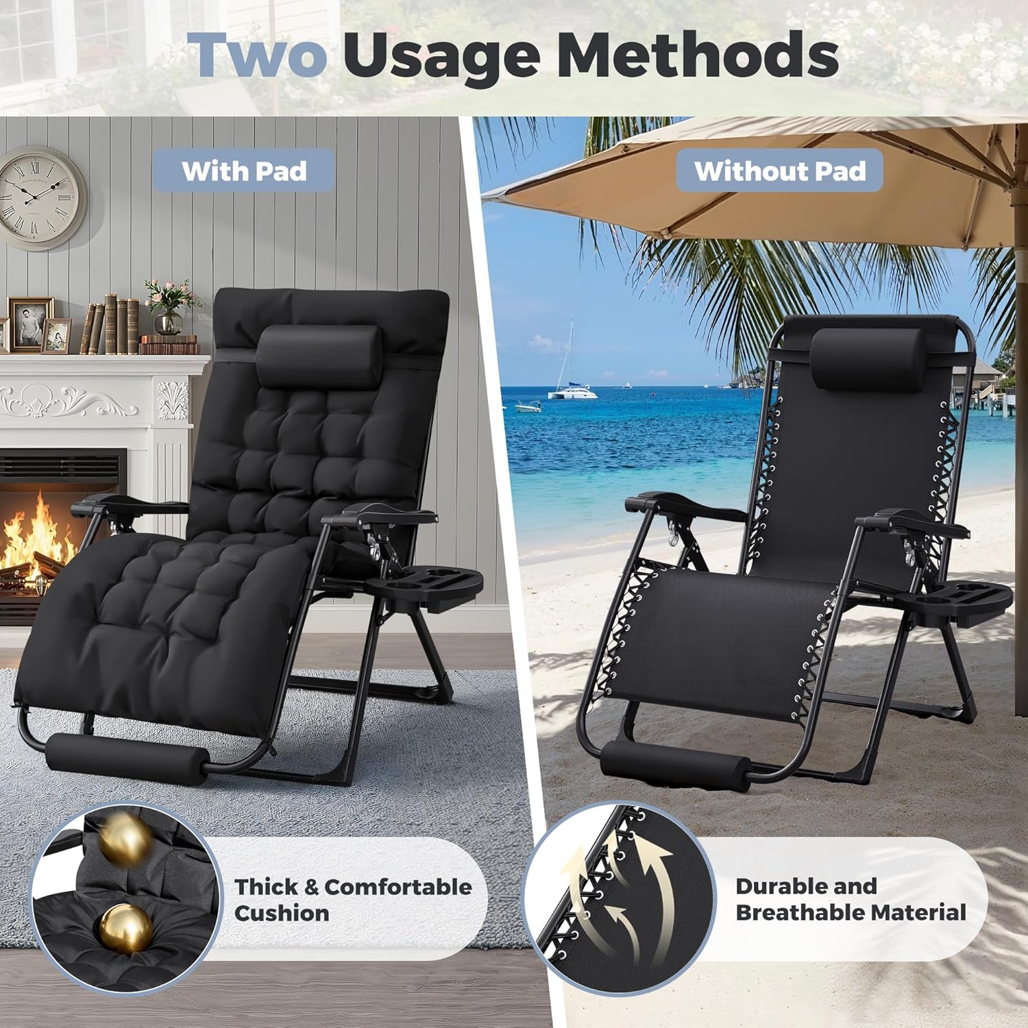Homall Oversized Zero Gravity Chair, 32In Recliner Lounge Chair with Removable Soft Cushion and Cup Holder, Adjustable Anti Gravity Chair Folding Patio Chairs Padded for Indoor and Outdoor (Black)