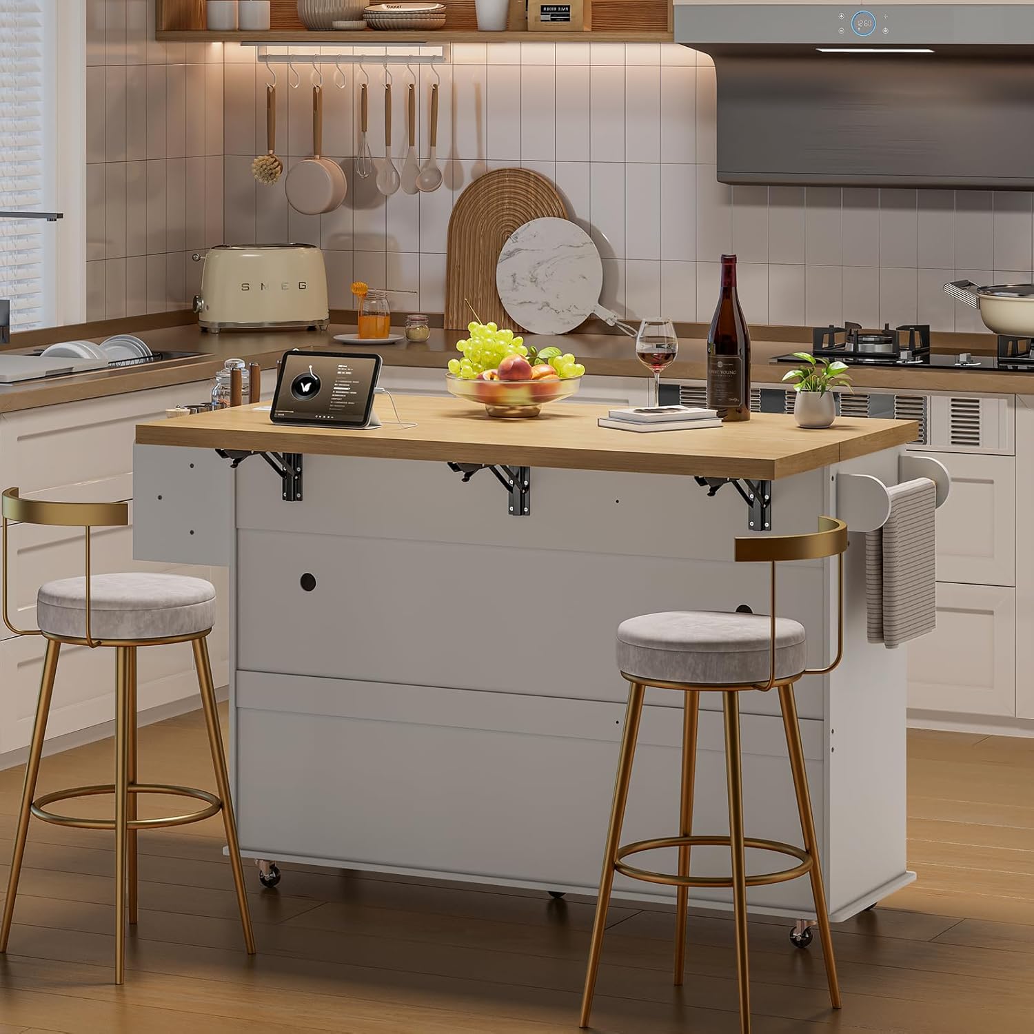 60" Kitchen Island with Power Outlet & Drop Leaf, Kitchen Rolling Island with Spice Rack & Towel Rack, Knife Holder, Kitchen Island Cart with Trash Storage Cabinet, Mobile Island Table for Kitchen