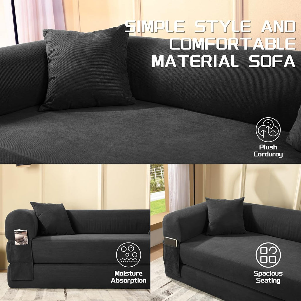 4-in-1 Folding Convertible Sofa Bed, 80 Inch Oversized Corduroy Boneless Couch, Loveseat Sleeper with Pull Out Bed, Floor Sofa Modular Futon Teddy Sofa for Living Room Bedroom Lounge, Deep Gray