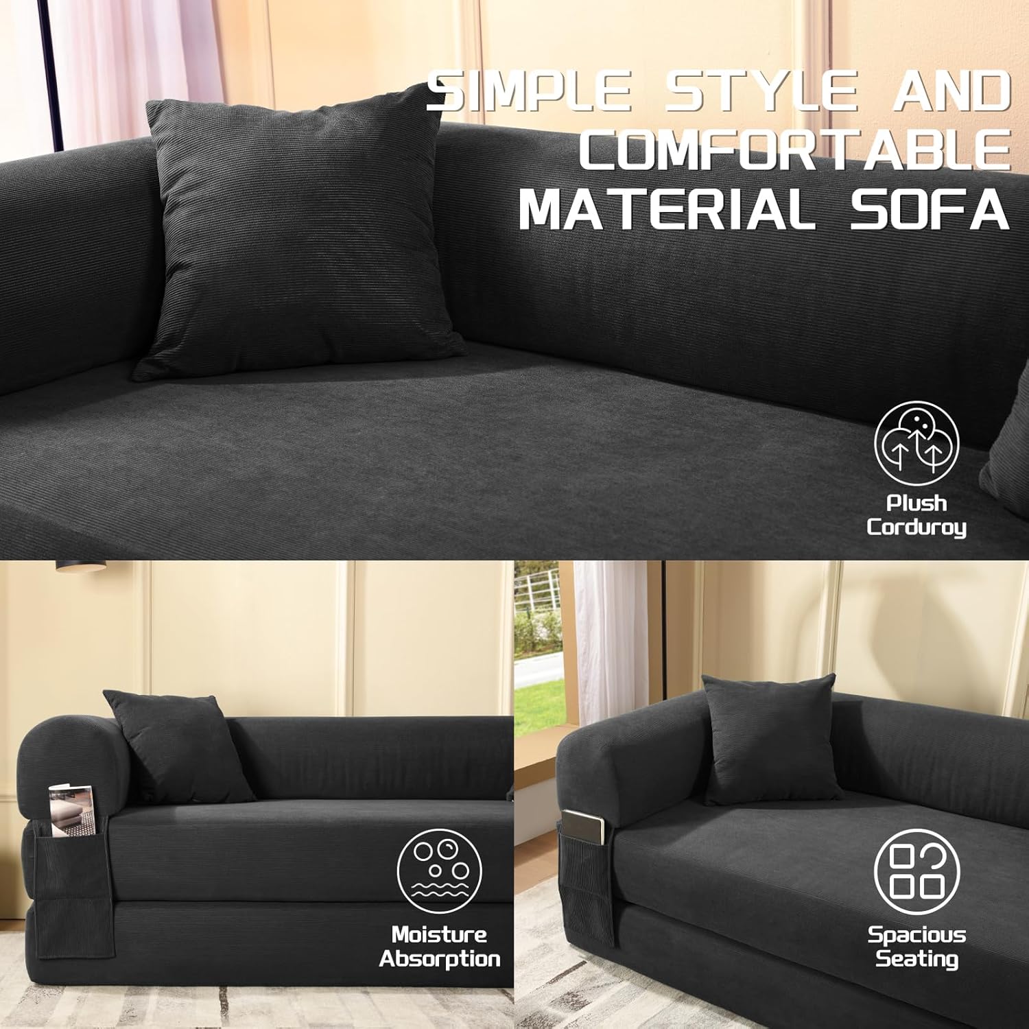 4-in-1 Folding Convertible Sofa Bed, 80 Inch Oversized Corduroy Boneless Couch, Loveseat Sleeper with Pull Out Bed, Floor Sofa Modular Futon Teddy Sofa for Living Room Bedroom Lounge, Deep Gray