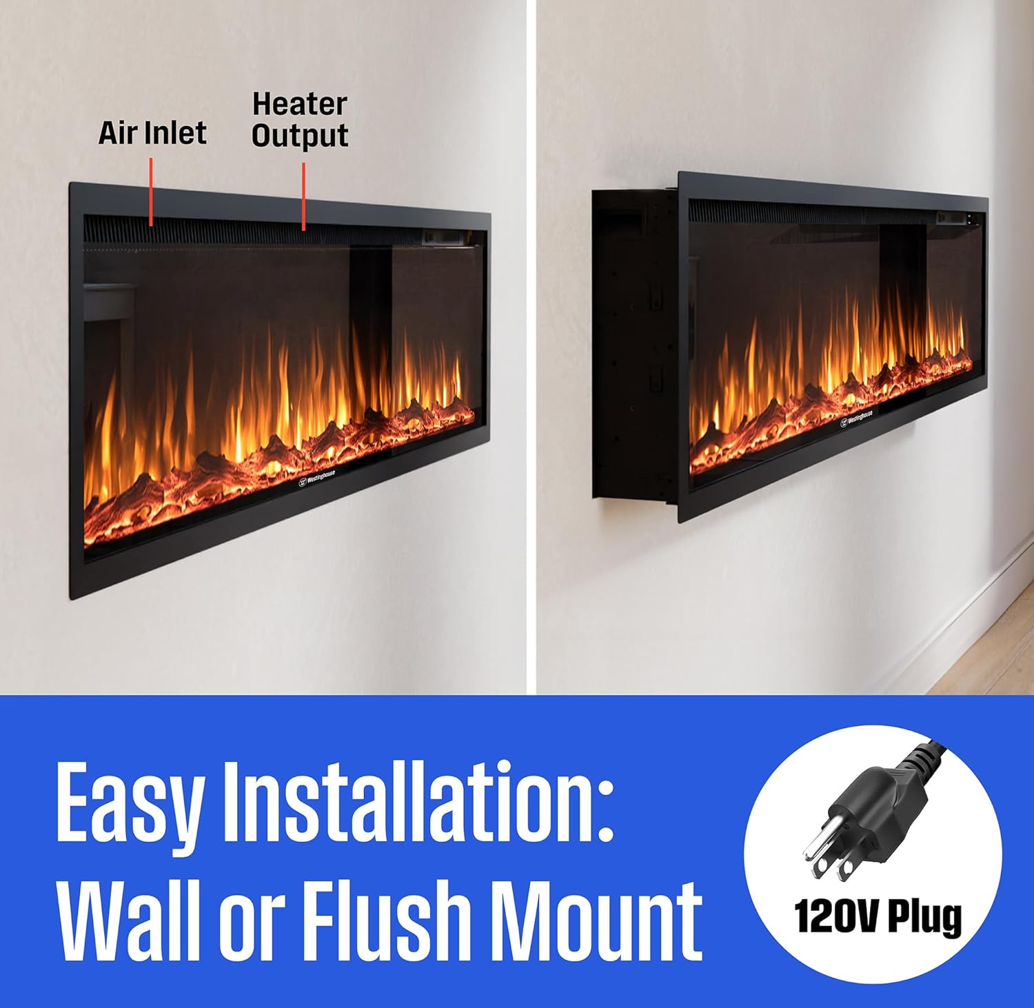 Westinghouse 74 Inch Electric Fireplace Heater, Compatible with Alexa & Google Home, Wall Mount or in-Wall Recessed Fireplace Insert, 24 Hour Timer, Color Changing Flames, 750W/1500W Indoor Heater