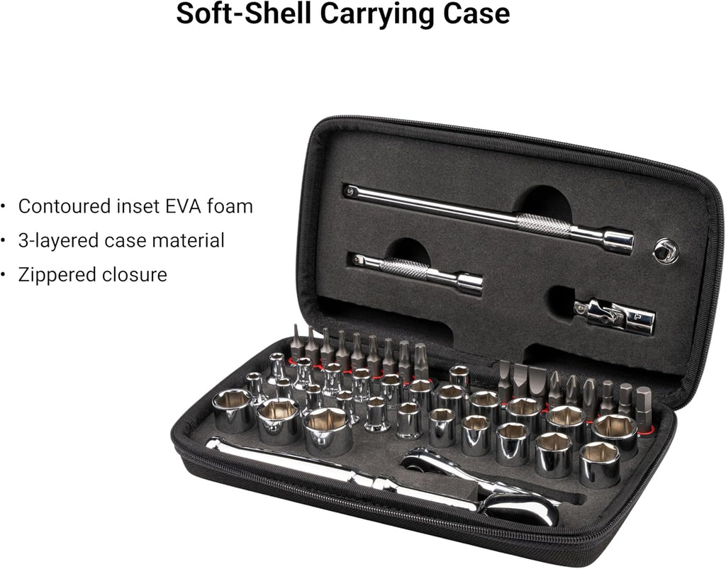 TEKTON 1/4 Inch Drive 6-Point Small Engine Shallow Socket, Bit, and Quick-Release Ratchet Set with Case (50-Piece) | SKT07902