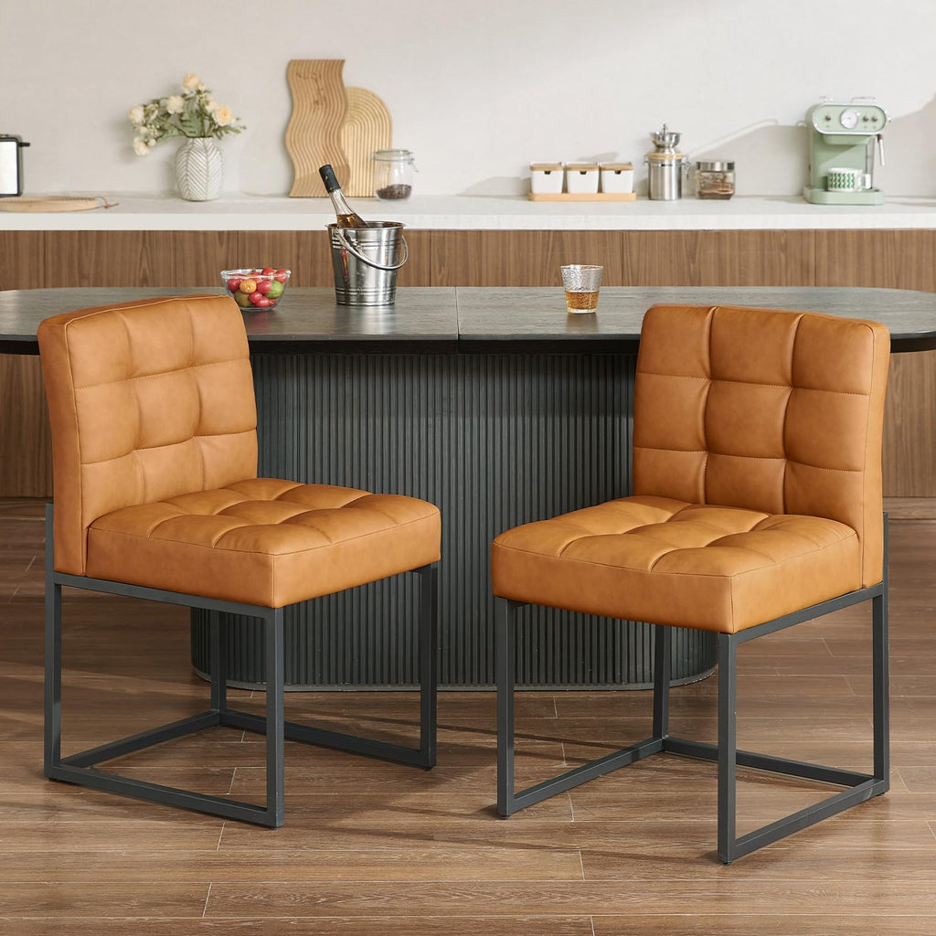 Brown Faux Leather Dining Chairs Set of 2, Mid-Century Modern Dining Room Chairs with Armless, Checkered Kitchen Chair with Metal Legs