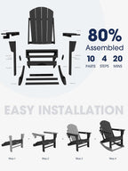 KINGYES Adirondack Rocking Chair with Retractable Ottoman and Cup Holders, HDPE Adirondack Rocker Patio Rocking Chair for Porch, Patio, Balcony, Black