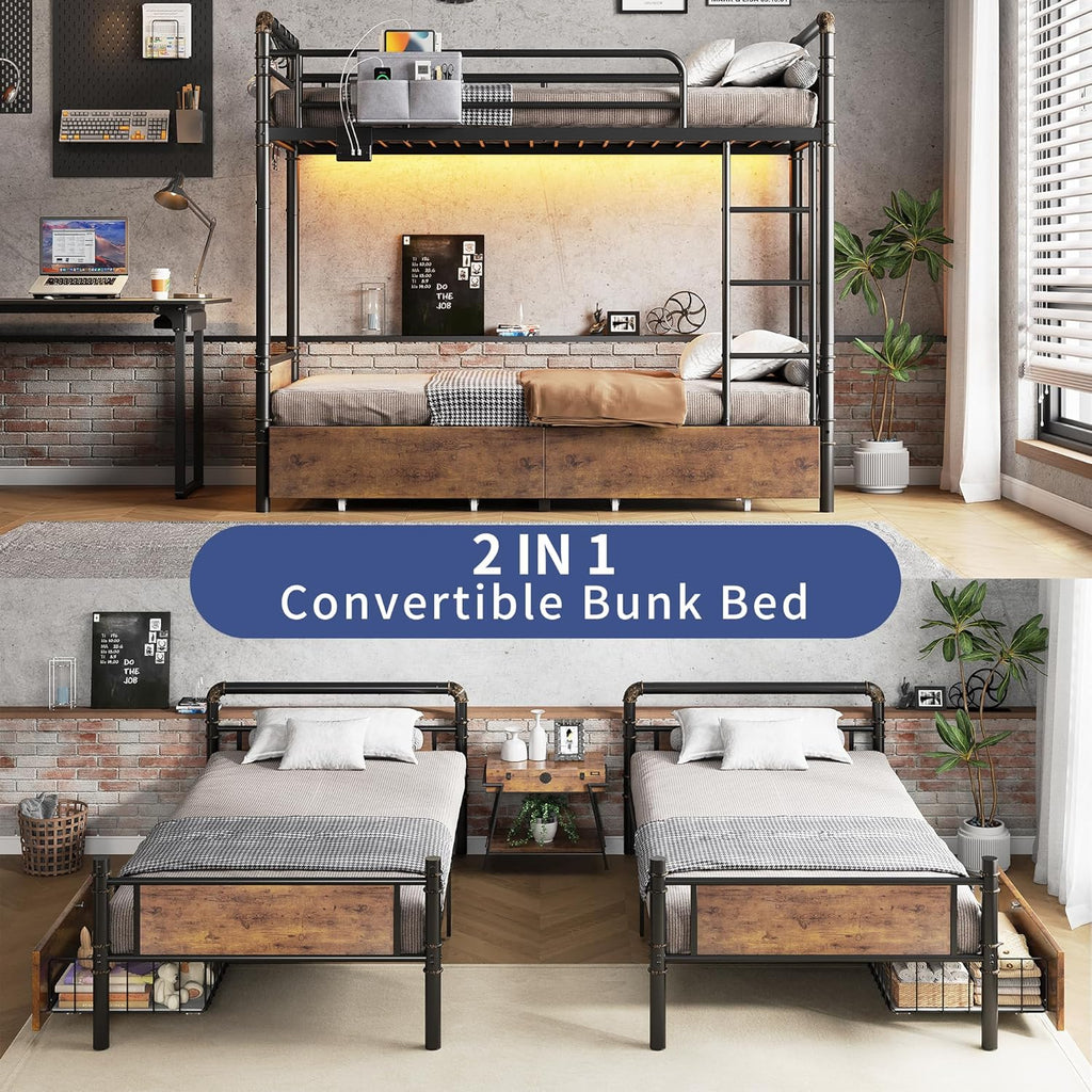 Metal LED Bunk Bed Twin Over Twin with 2 Storage Drawers, USB Charging Station, Industrial Bunkbeds Heavy Duty Bed with Safety Guardrail and Ladder, No Box Spring Needed, Vintage Brown