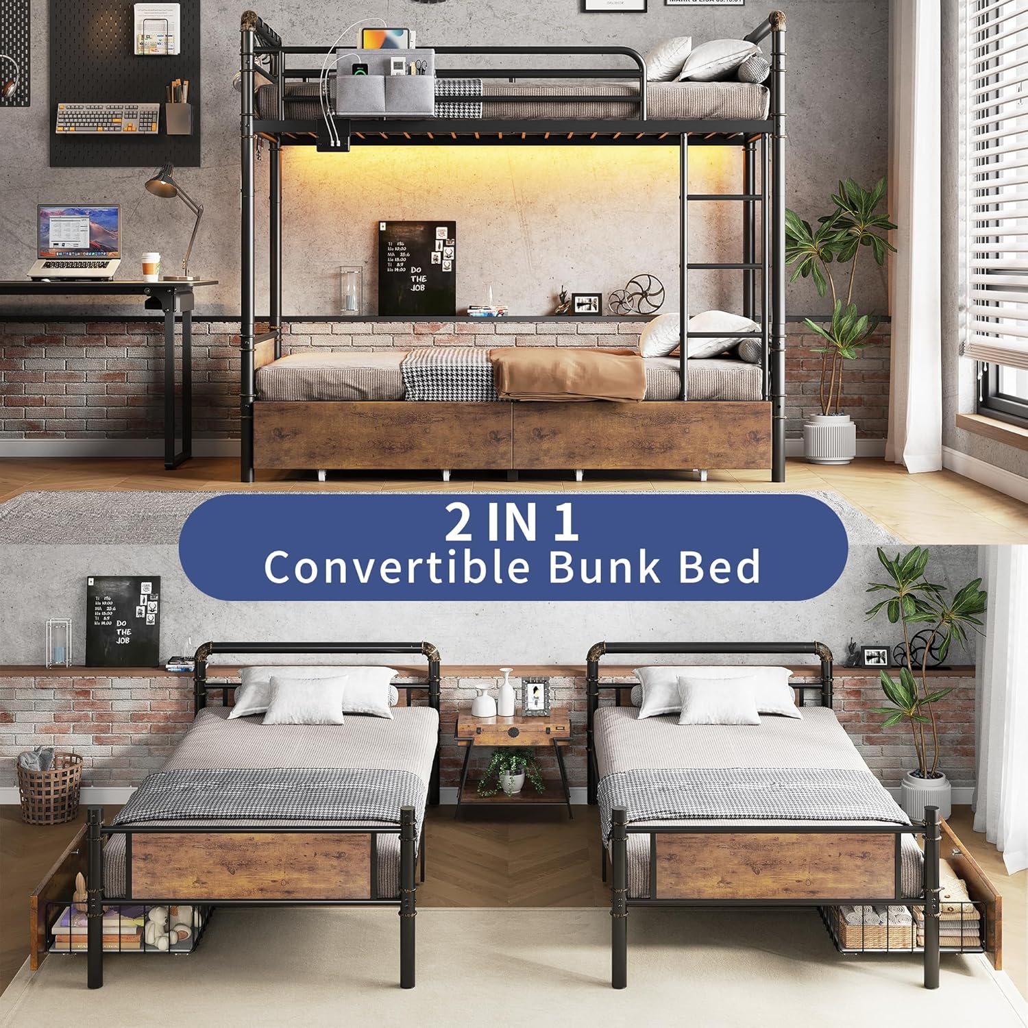 Metal LED Bunk Bed Twin Over Twin with 2 Storage Drawers, USB Charging Station, Industrial Bunkbeds Heavy Duty Bed with Safety Guardrail and Ladder, No Box Spring Needed, Vintage Brown