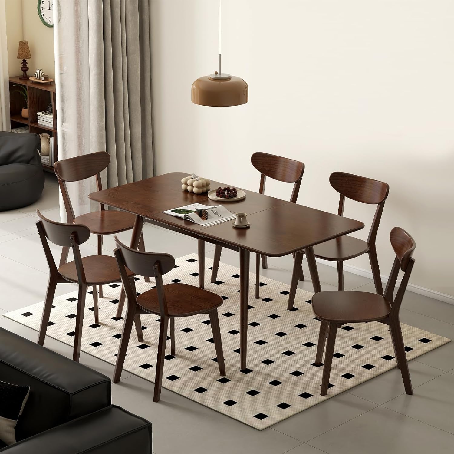 47''-63'' 100% Oak Extendable Dining Table, Solid Wood Folding Kitchen Table, Mid Century Modern Dinner Table for Kitchen, Apartment, Living Room (47''-63'' Walnut)