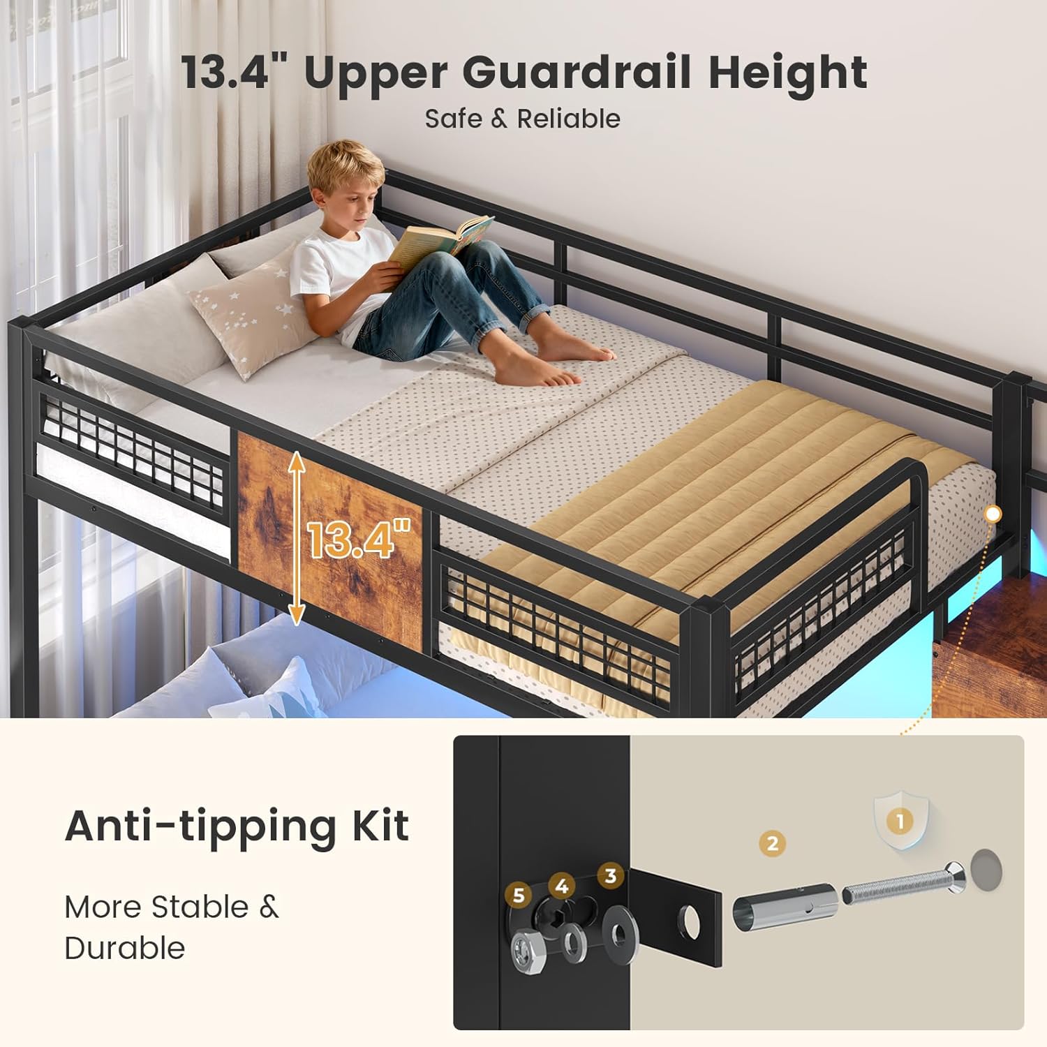 BTHFST Bunk Bed Twin Over Twin with Stairs, LED Lights Twin Bunk Bed with 2 Storage Drawers & 6 Fabric Drawers, Metal Twin Loft Beds with Guardrail & Stairs, Space Saving, Sturdy Frame
